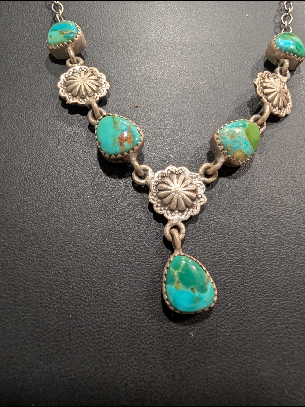 Turquoise Drop Pendant Necklace - Green Blue Stone with Silver Accents
